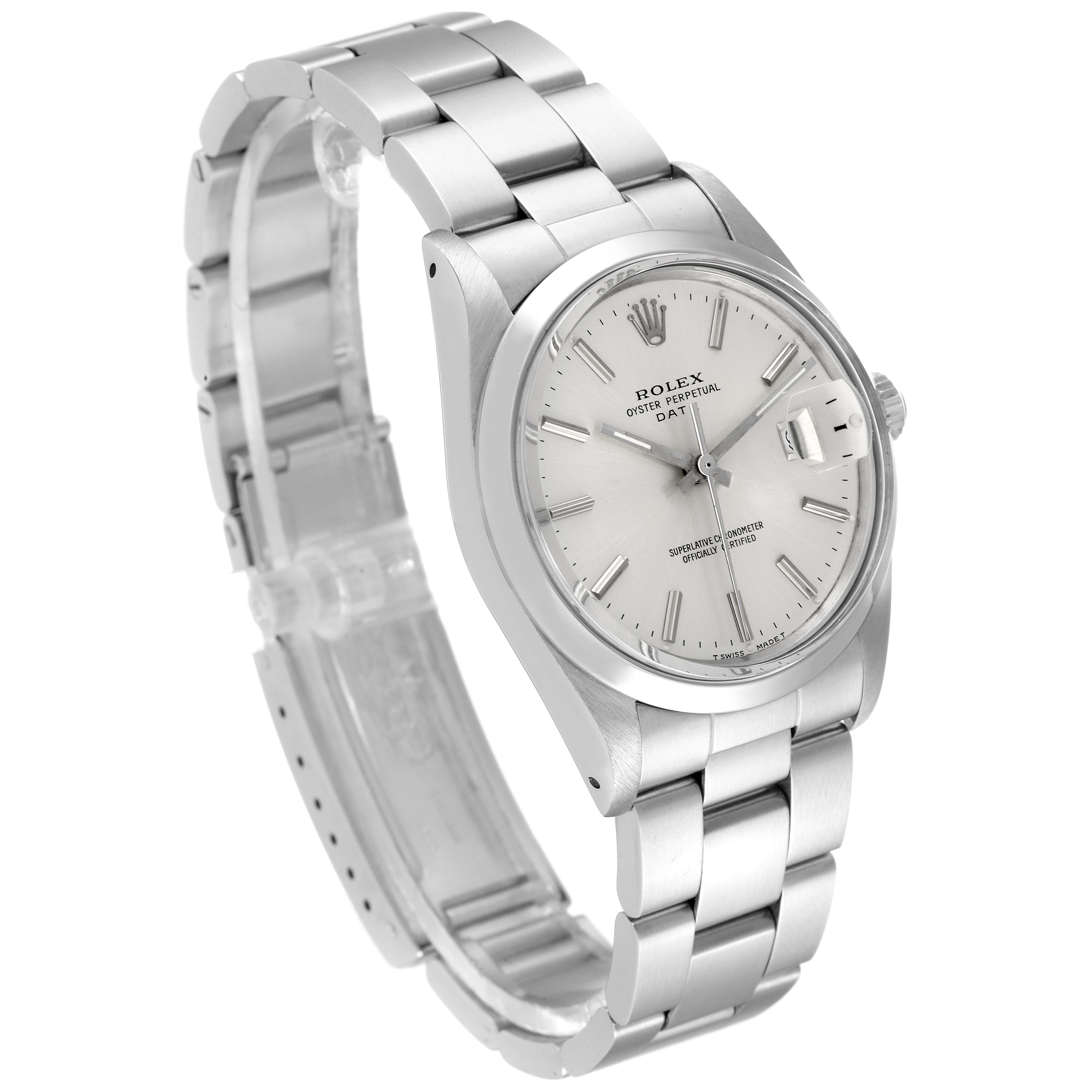 This image shows a side angle of a Rolex Date 15000 Men's Stainless Steel Silver Dial 15000 Men's Stainless Steel Silver Dial model watch, highlighting the face, bezel, bracelet, and clasp.