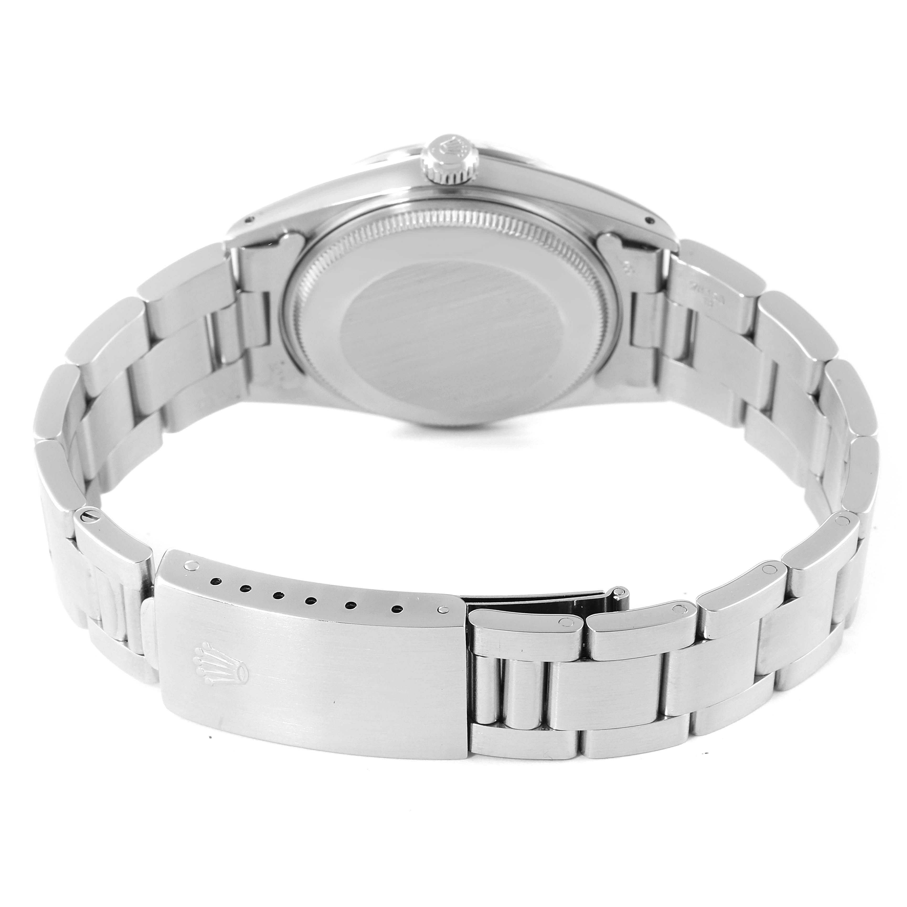 The image shows the back view of a Rolex Date 15000 Men's Stainless Steel Silver Dial 15000 Men's Stainless Steel Silver Dial model watch, highlighting its clasp, bracelet, and case back.