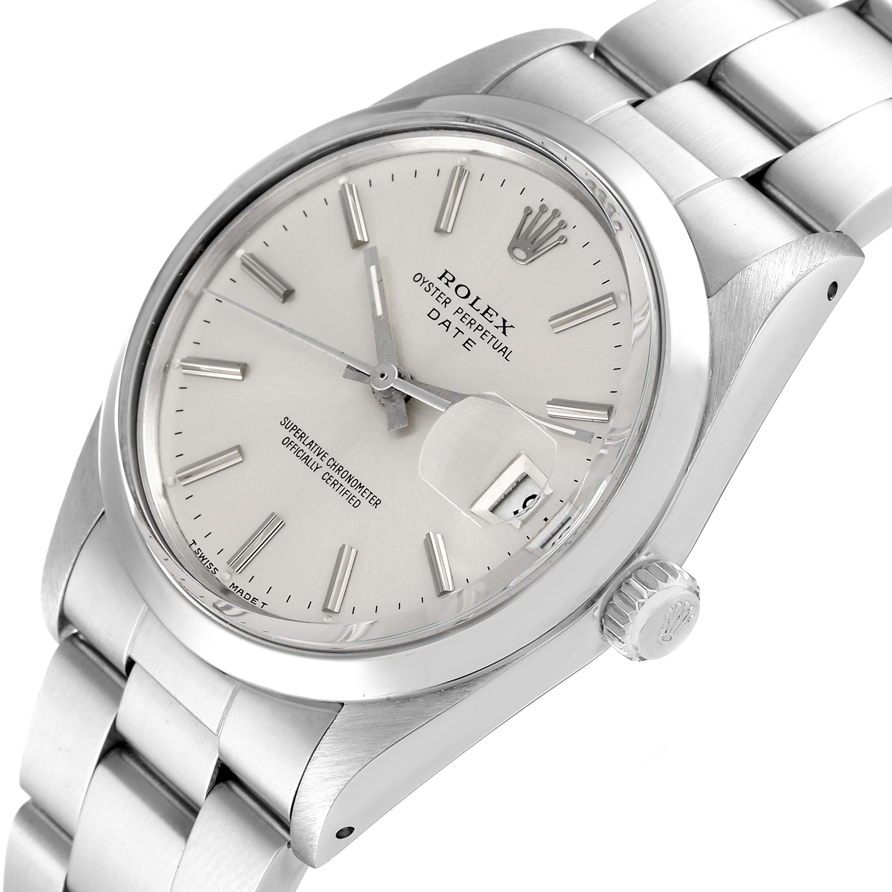 This image shows a side-angle view of the face and bracelet of a Rolex Date 15000 Men's Stainless Steel Silver Dial 15000 Men's Stainless Steel Silver Dial model watch.