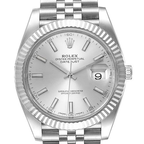 The image shows a close-up front view of the Rolex Datejust 41 126334 Men's Stainless Steel Silver Dial 126334 Men's Stainless Steel Silver Dial model, highlighting the dial, bezel, hands, and part of the bracelet.
