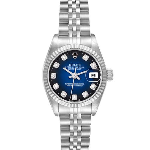 The image shows a Rolex Datejust model 69174 men's watch from a top-down angle, highlighting the face, bezel, and bracelet.