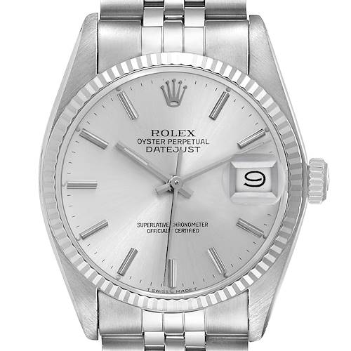 The Rolex Vintage Collection model 16014 is shown from a front angle, displaying its dial, hands, date window, bezel, and a portion of the bracelet.