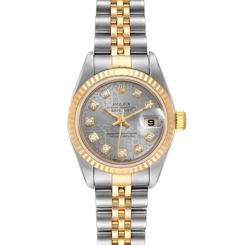 This image shows a Rolex Datejust 79173 Women's Steel and Gold (two tone) Grey Dial 79173 Women's Steel and Gold (two tone) Grey Dial watch from a front view, highlighting its two-tone bracelet, gold fluted bezel, and date window.