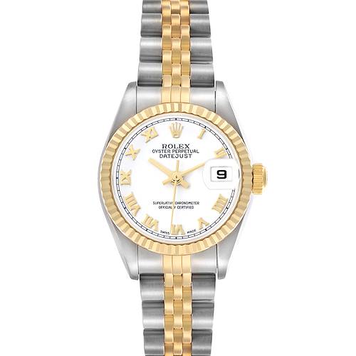 The Rolex Datejust model 79173 is shown from the front, highlighting the dial, bezel, and two-tone bracelet.