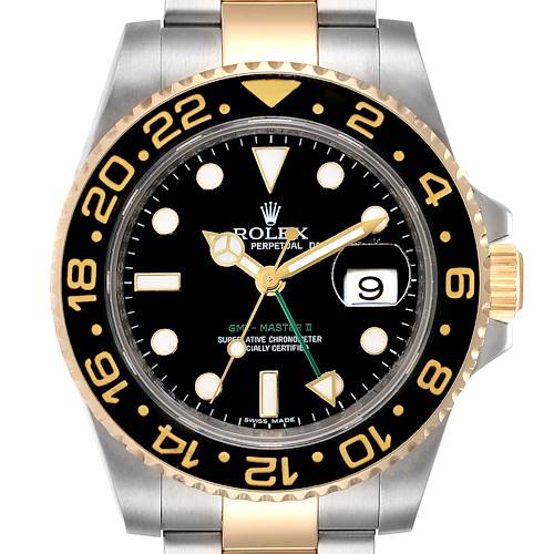 This image shows a front view of a Rolex GMT-Master 116713 Men's Steel and Gold (two tone) Black Dial 116713 Men's Steel and Gold (two tone) Black Dial II watch, highlighting its dial, bezel, and bracelet.