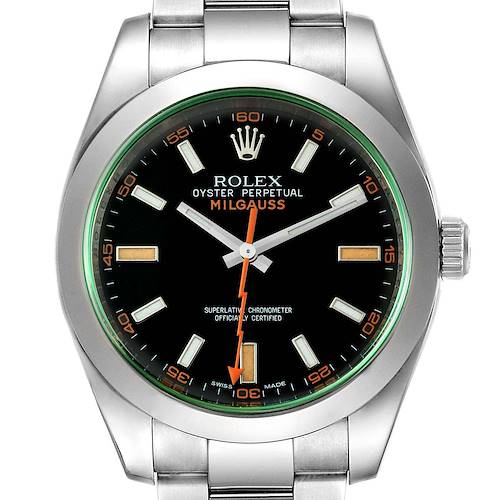 The image displays a front view of the Rolex Milgauss 116400GV Men's Stainless Steel Black Dial 116400GV Men's Stainless Steel Black Dial watch, showing the face, bezel, crown, and part of the stainless steel bracelet.