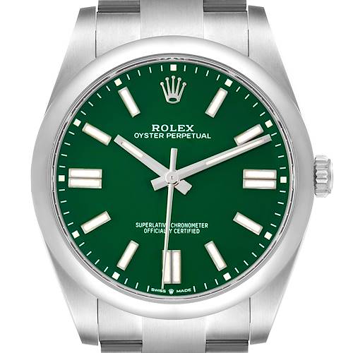 This image shows a frontal view of the Rolex Oyster Perpetual model 124300 men's watch, featuring a green dial, silver hands, markers, and a stainless steel bracelet.