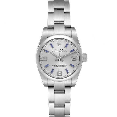 The Rolex Oyster Perpetual model 176200 is shown from a front angle, capturing the dial, bezel, and a portion of the bracelet.