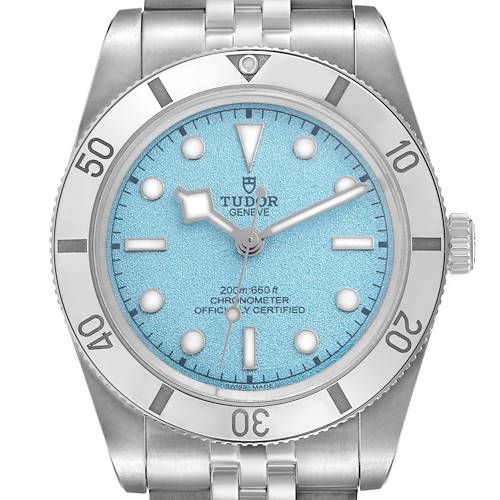 The image shows a front view of the Tudor Heritage Black Bay model 79000, highlighting the blue dial, bezel, and stainless steel bracelet.