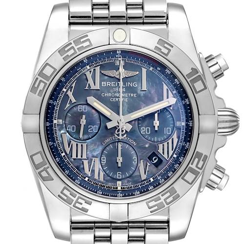 The image shows a front view of a Breitling Chronomat model AB0111, highlighting the watch face, bezel, subdials, and part of the bracelet.
