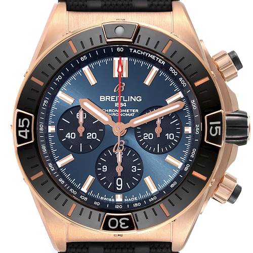 The image shows a front view of the Breitling Chronomat RB0136 Men's Rose Gold Blue Dial RB0136 Men's Rose Gold Blue Dial watch, highlighting the dial, bezel, and chronograph sub-dials.