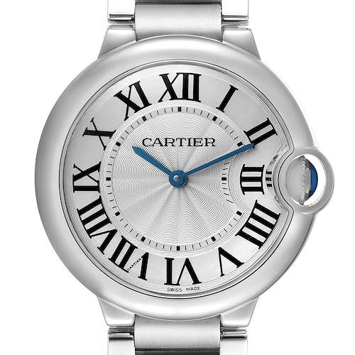 The image shows a front view of the Cartier Ballon Bleu watch, model W69011Z4, featuring its silver dial with Roman numerals and distinctive blue hands.