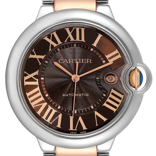 The image shows a close-up of the dial of the Cartier Ballon Bleu W6920032 Men's Steel and Gold (two tone) Brown Dial W6920032 Men's Steel and Gold (two tone) Brown Dial watch.