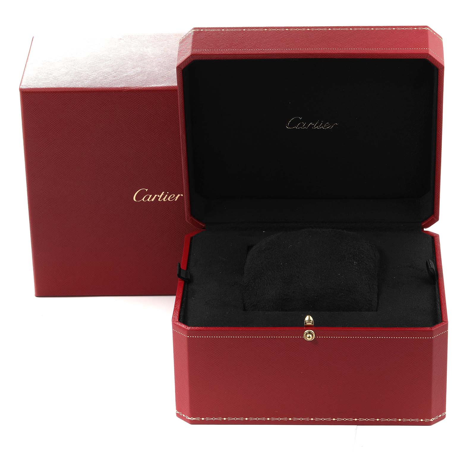 The image shows an open Cartier Delices WG800013 Women's Rose Gold Silver Dial WG800013 Women's Rose Gold Silver Dial watch box and its outer packaging from a straight-on angle.