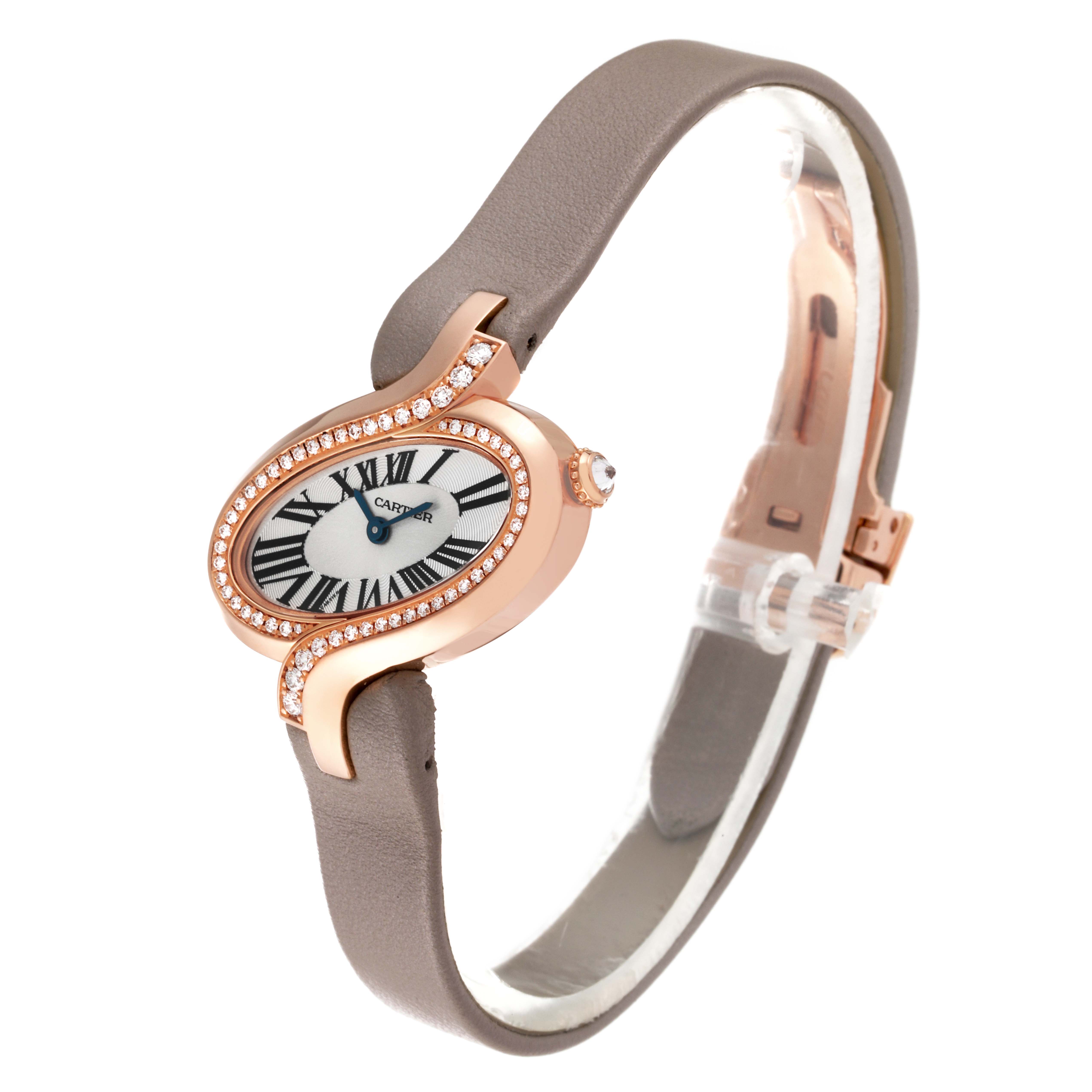 The image shows a Cartier Delices WG800013 Women's Rose Gold Silver Dial WG800013 Women's Rose Gold Silver Dial watch from a three-quarter angle, highlighting its face, case, and strap.
