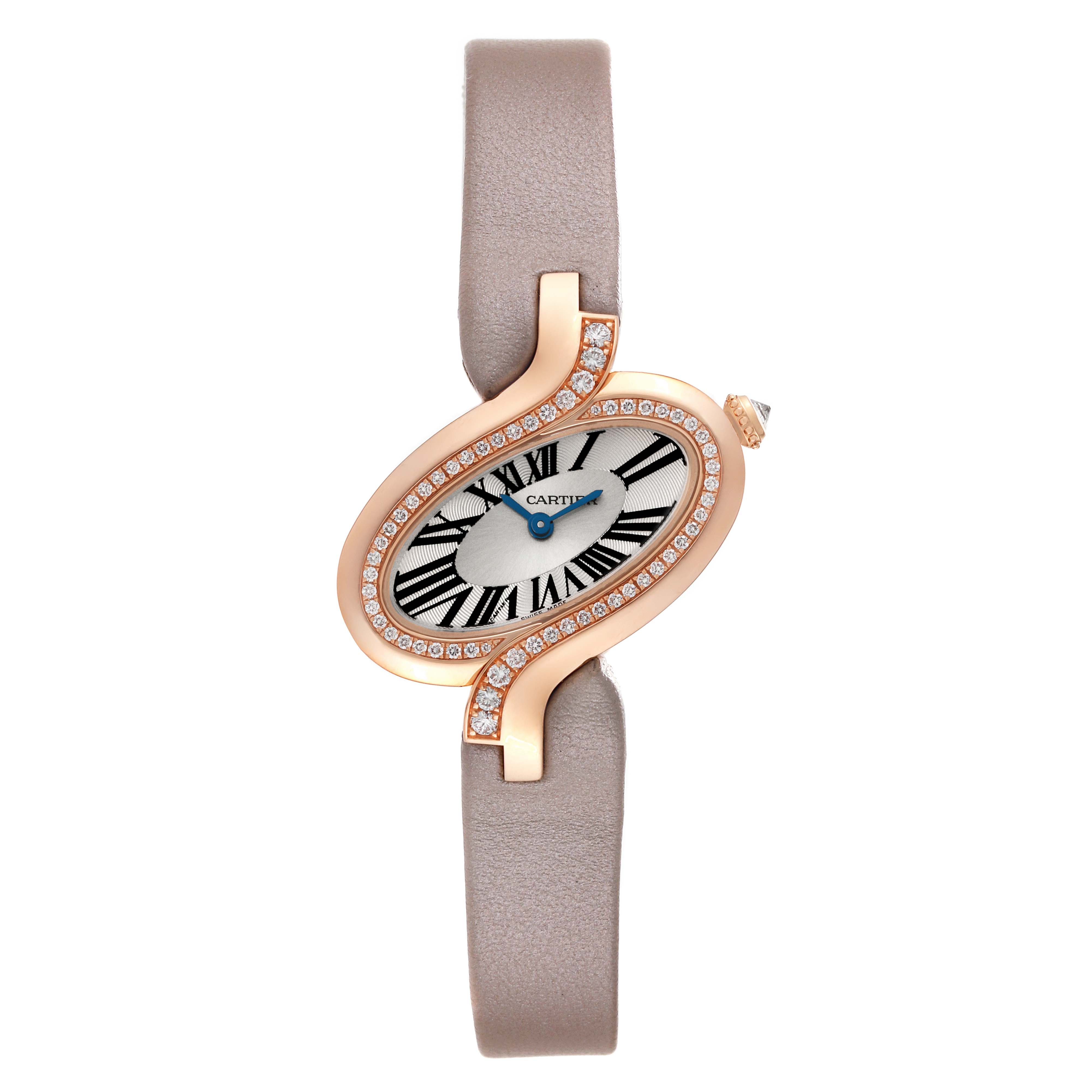 The image shows a Cartier Delices WG800013 Women's Rose Gold Silver Dial WG800013 Women's Rose Gold Silver Dial model watch from a front angle, featuring its oval face, leather strap, and diamond-encrusted bezel.