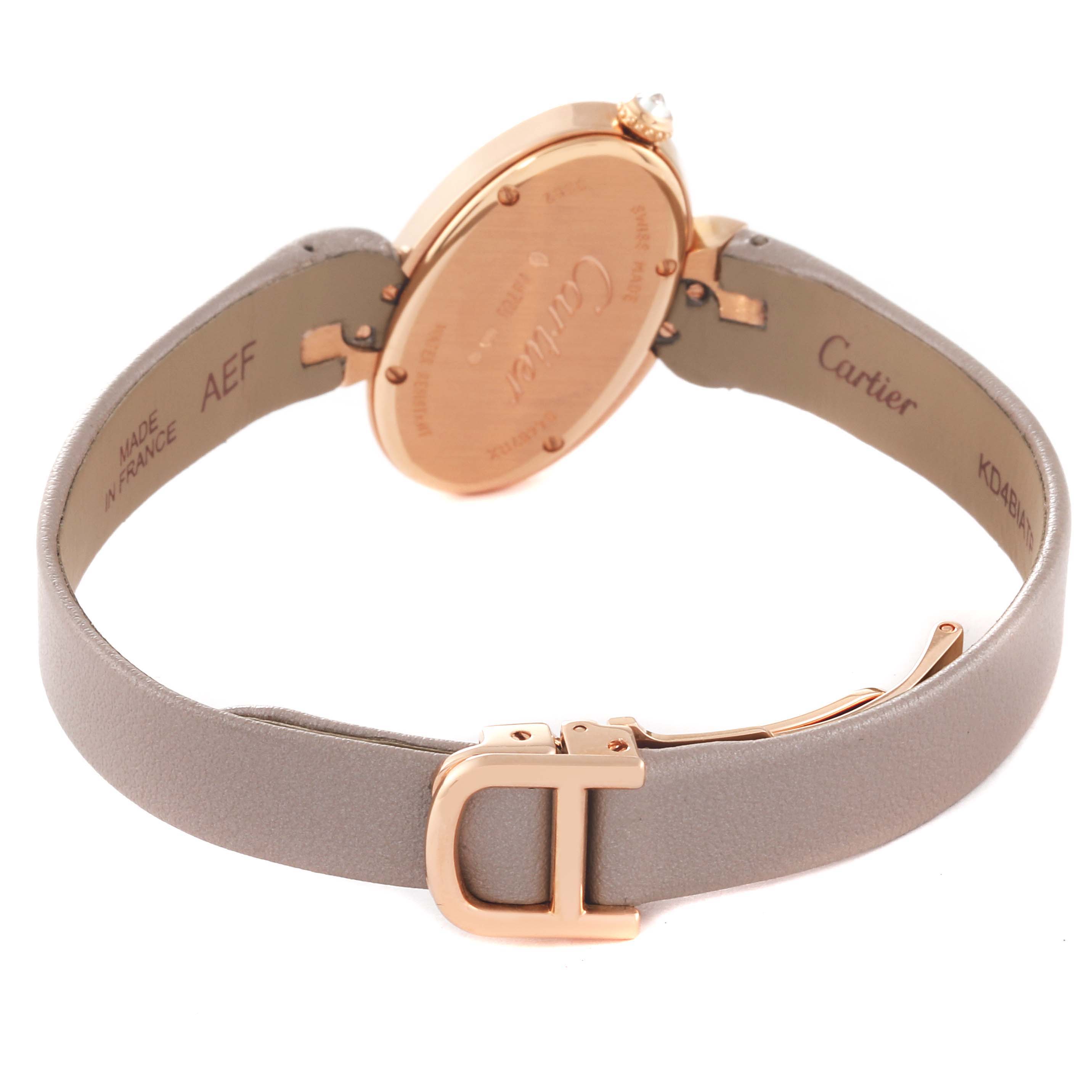 This image shows the back view of the Cartier Delices WG800013 Women's Rose Gold Silver Dial WG800013 Women's Rose Gold Silver Dial watch, highlighting its case back, strap, and buckle.