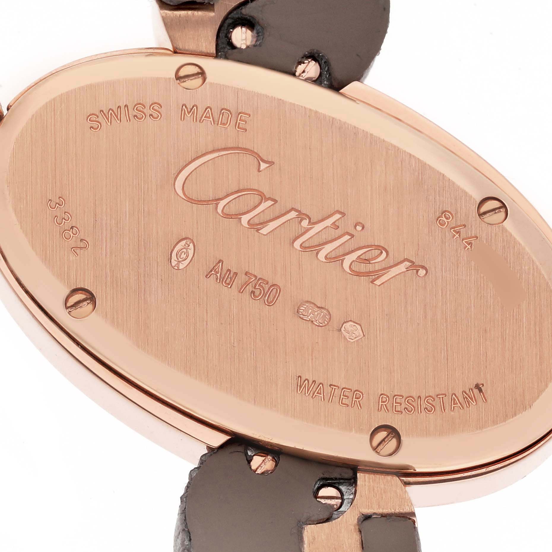 The image shows the back case of a Delices model by Cartier, highlighting the engravings and leather strap attachment.