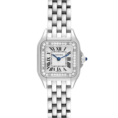 The image shows the front angle of a Cartier Panthere W4PN0007 Women's Stainless Steel Silver Dial W4PN0007 Women's Stainless Steel Silver Dial watch, highlighting its face, bezel, and metal bracelet.
