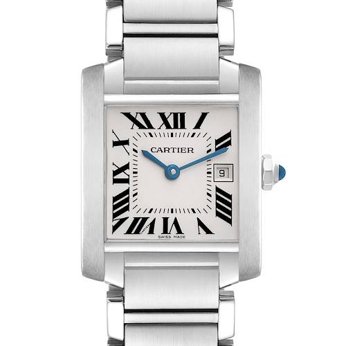The image shows a frontal view of the Cartier Tank Francaise model W51011Q3, highlighting the watch face, Roman numerals, and metal bracelet links.