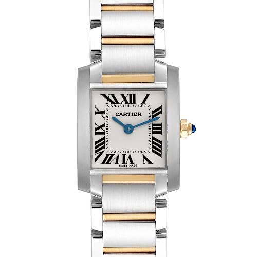 The image shows a Cartier Tank Francaise model W51007Q4 men's watch from a frontal angle, highlighting its stainless steel and gold bracelet, rectangular face, and Roman numerals.