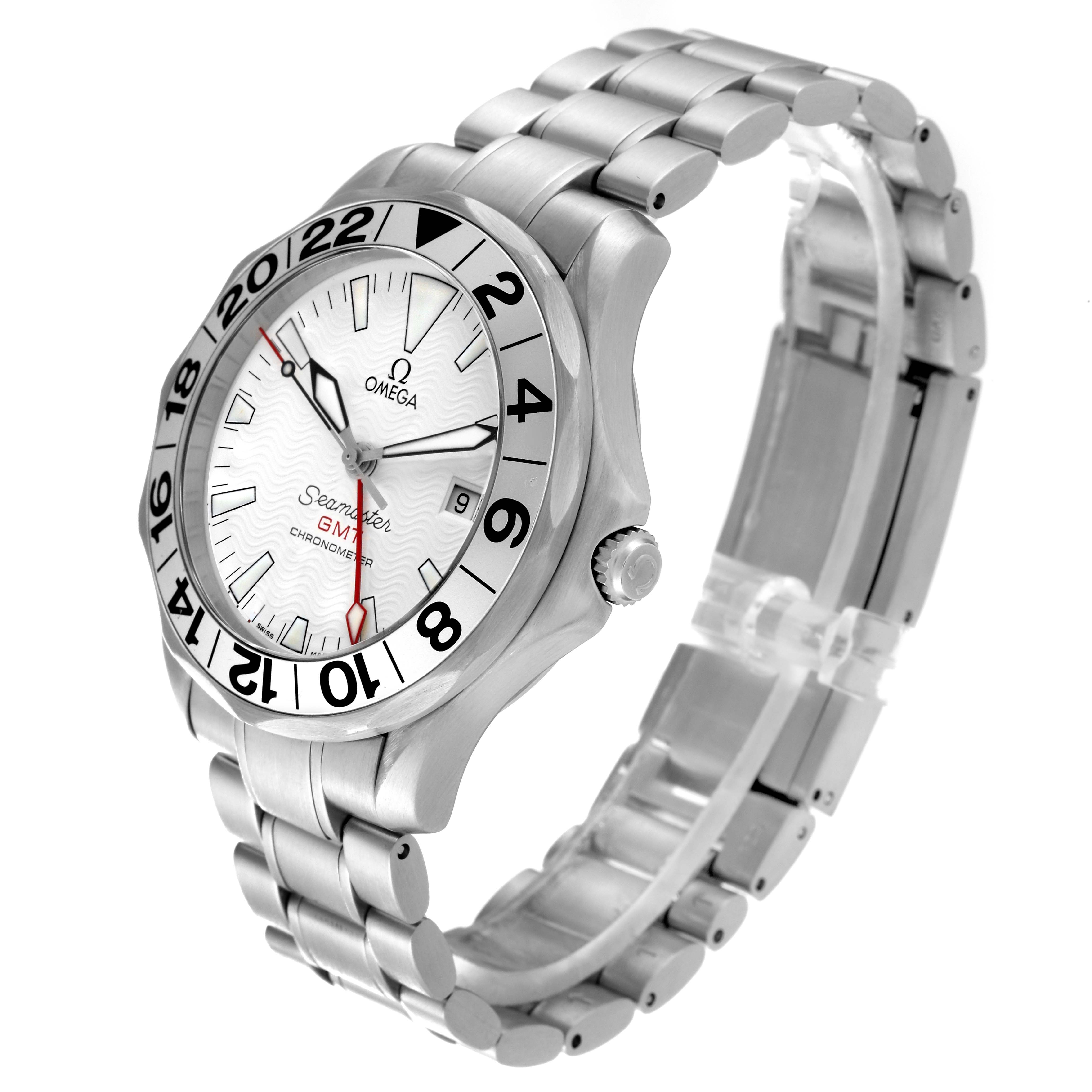 The image shows the Omega Seamaster 2538.20.00 Men's Stainless Steel White Dial 2538.20.00 Men's Stainless Steel White Dial watch at an angled side view, showcasing the dial, bezel, case, crown, and bracelet.