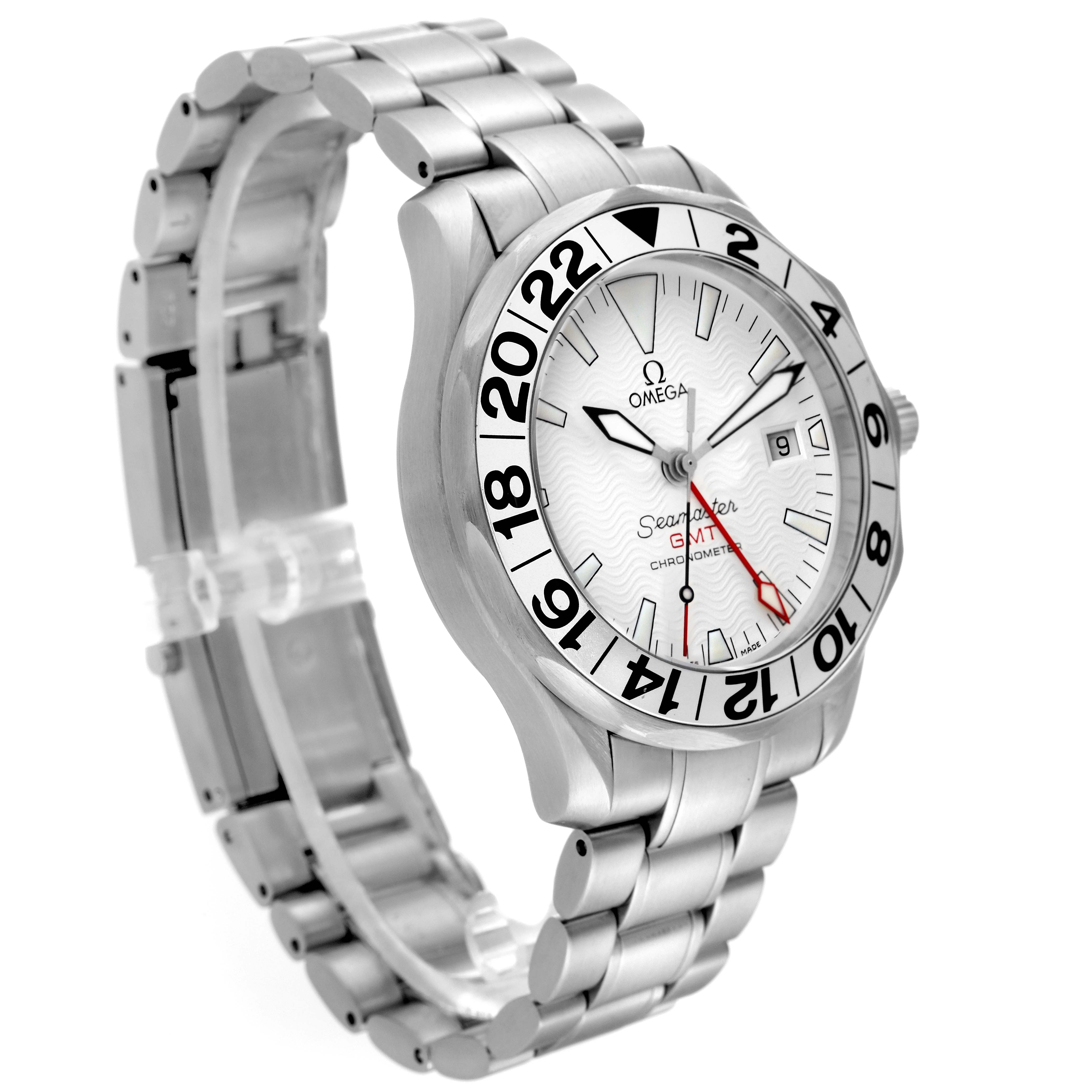 The Omega Seamaster 2538.20.00 Men's Stainless Steel White Dial 2538.20.00 Men's Stainless Steel White Dial watch is shown from a three-quarter angle, highlighting the dial, bezel, and metal bracelet.