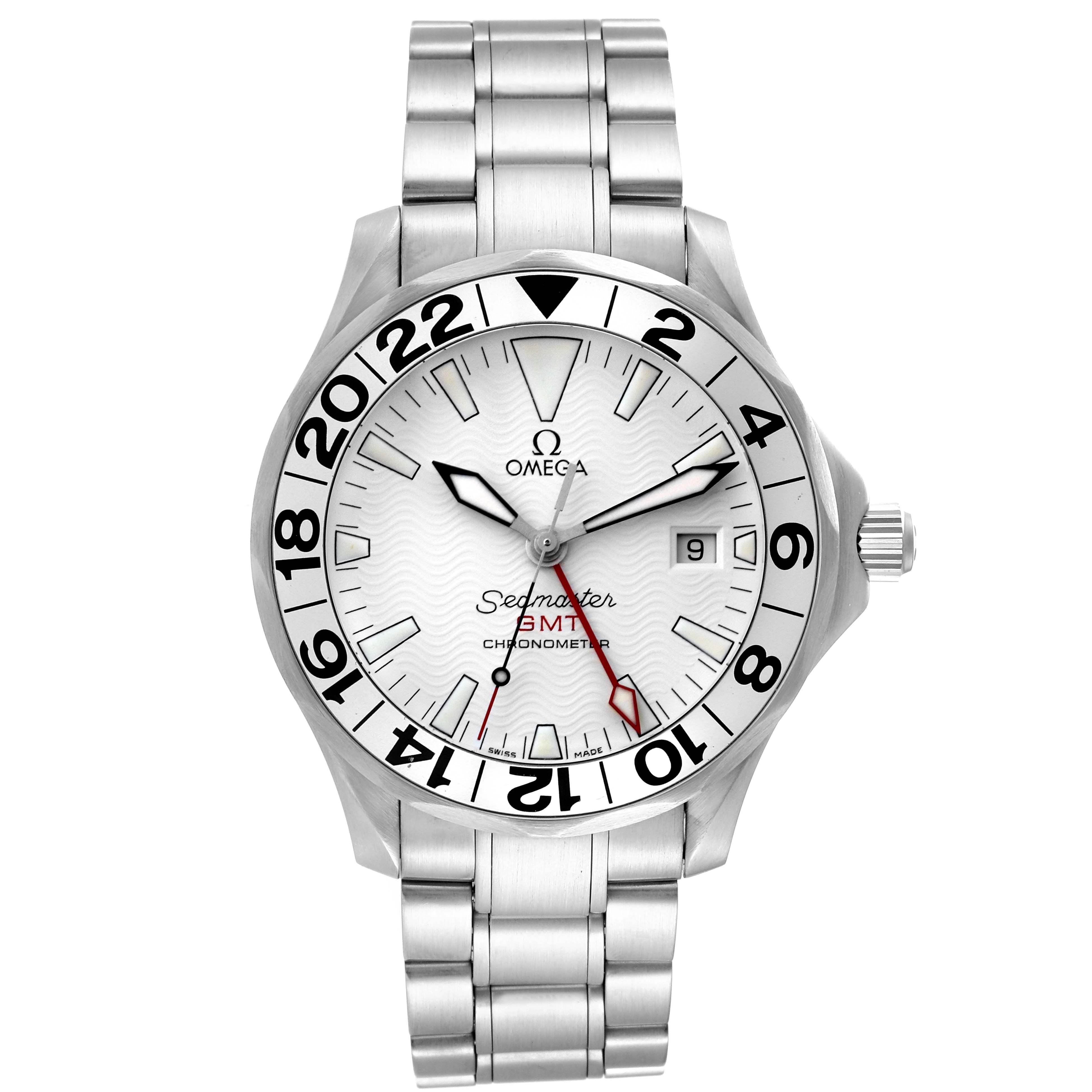 The image shows a front view of an Omega Seamaster 2538.20.00 Men's Stainless Steel White Dial 2538.20.00 Men's Stainless Steel White Dial GMT Chronometer watch, highlighting the dial, bezel, bracelet, and crown.