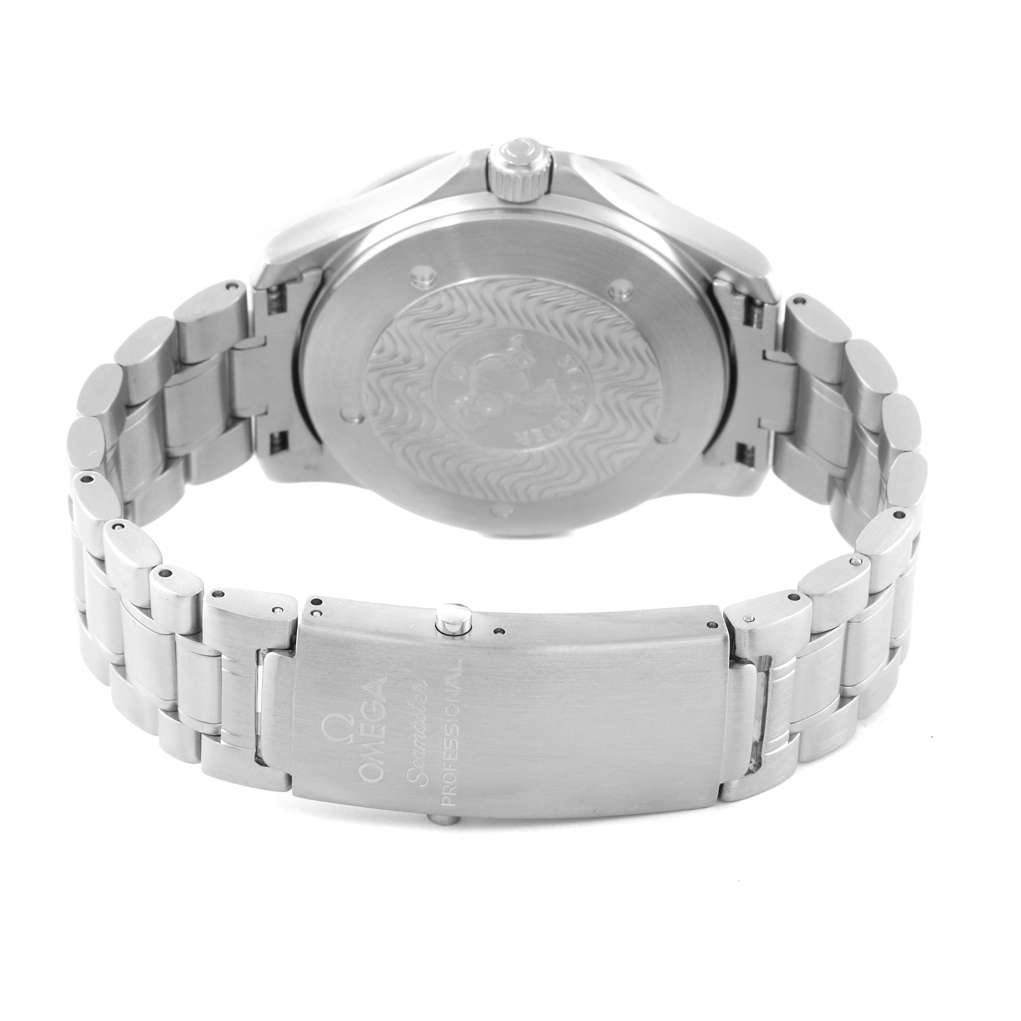The image shows the back case, crown, and metal bracelet clasp of an Omega Seamaster 2538.20.00 Men's Stainless Steel White Dial 2538.20.00 Men's Stainless Steel White Dial watch.