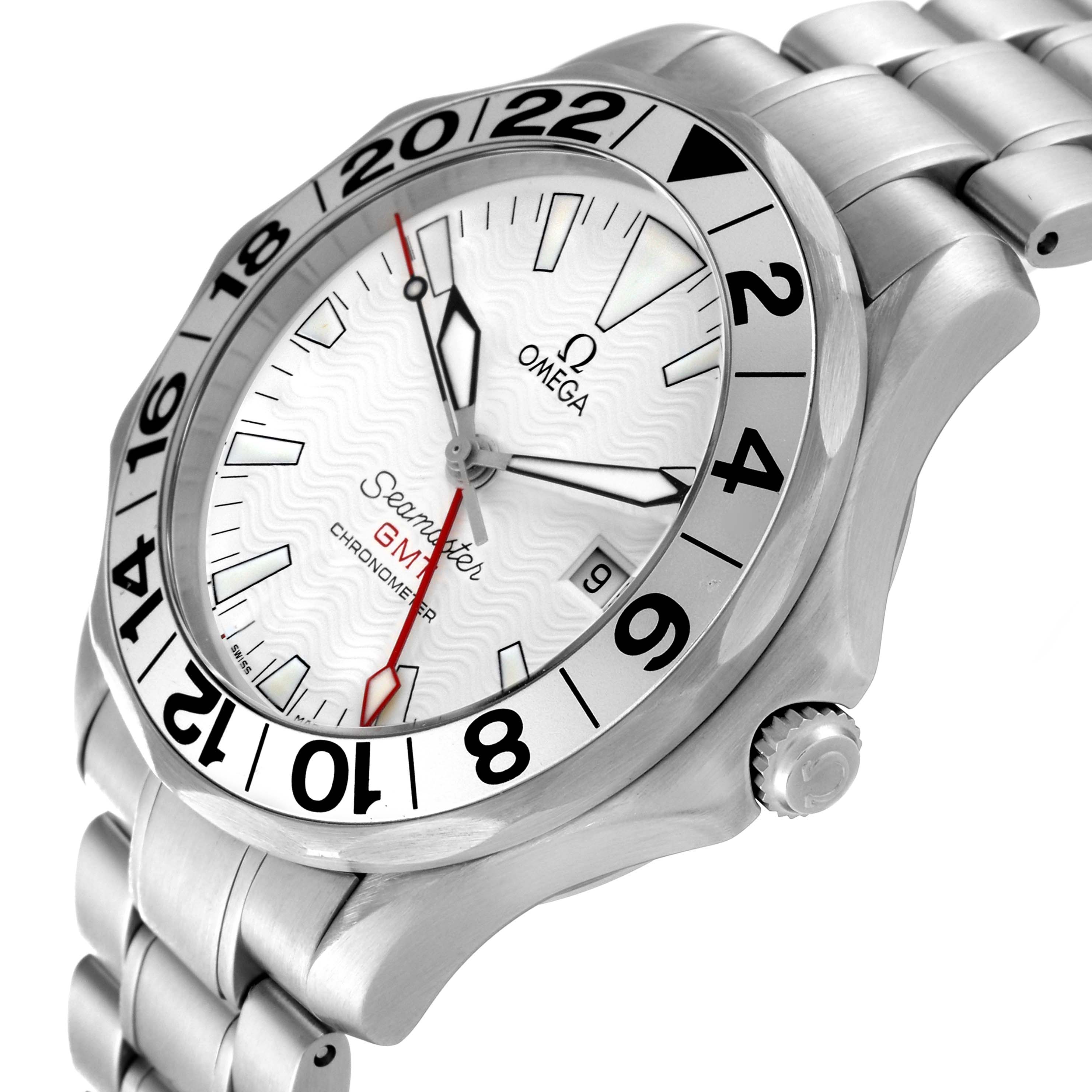 The image shows an angled view of an Omega Seamaster 2538.20.00 Men's Stainless Steel White Dial 2538.20.00 Men's Stainless Steel White Dial watch, highlighting the face, bezel, crown, and part of the bracelet.
