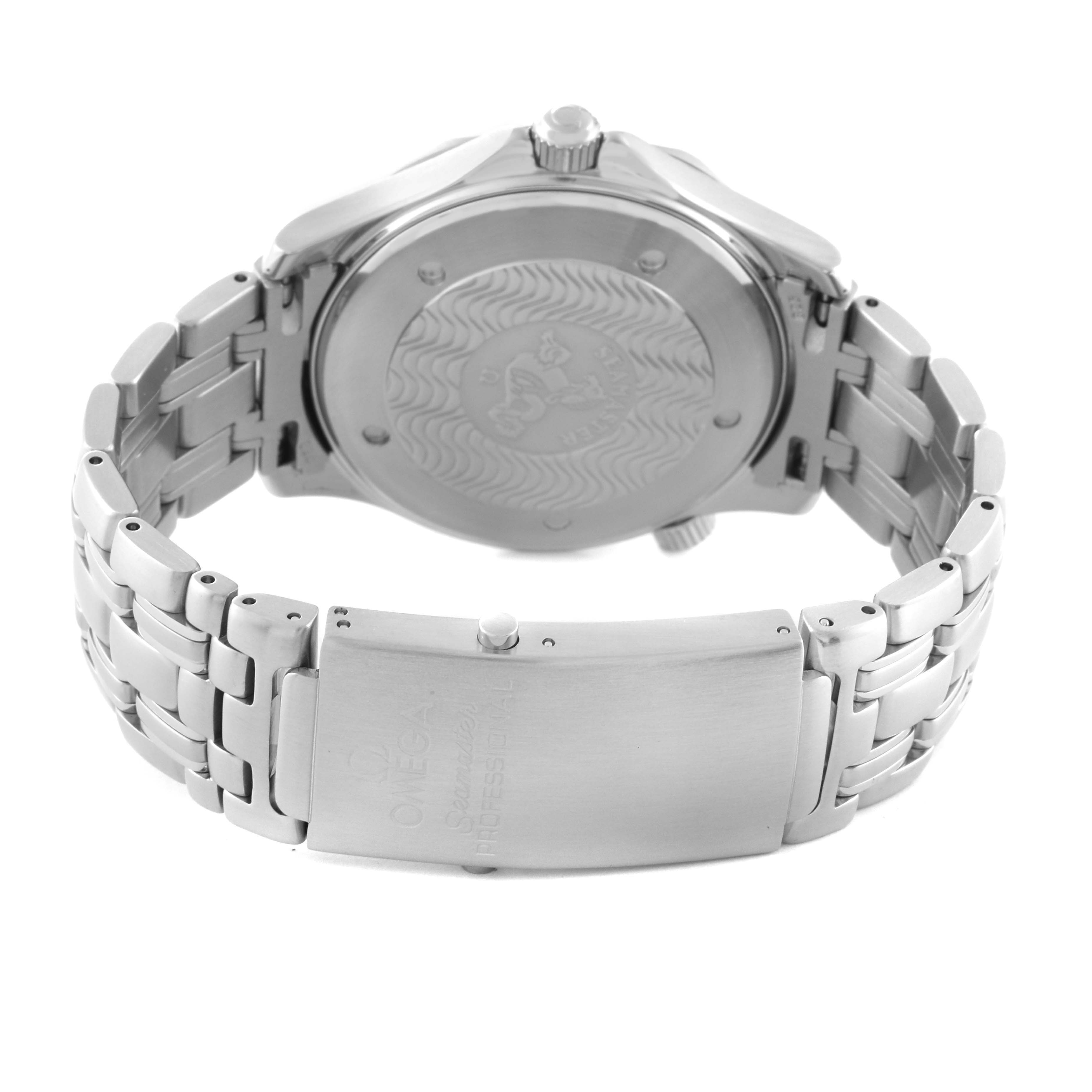 This image shows the back case and bracelet clasp of the Omega Seamaster 2541.80.00 Men's Stainless Steel Blue Dial 2541.80.00 Men's Stainless Steel Blue Dial watch from a slightly angled rear view.