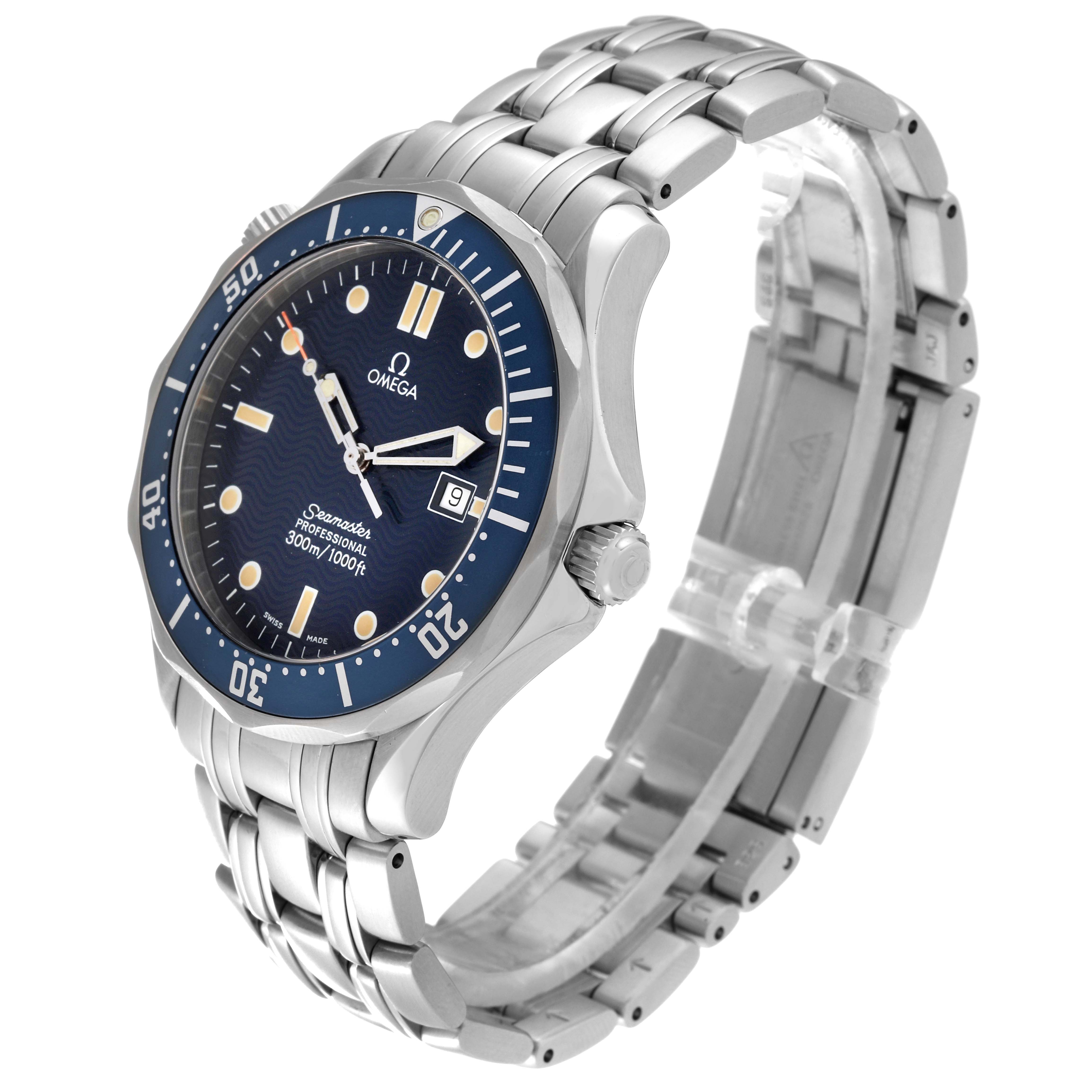 The Omega Seamaster 2541.80.00 Men's Stainless Steel Blue Dial 2541.80.00 Men's Stainless Steel Blue Dial watch is shown at an angle highlighting its face, bezel, and metal bracelet.