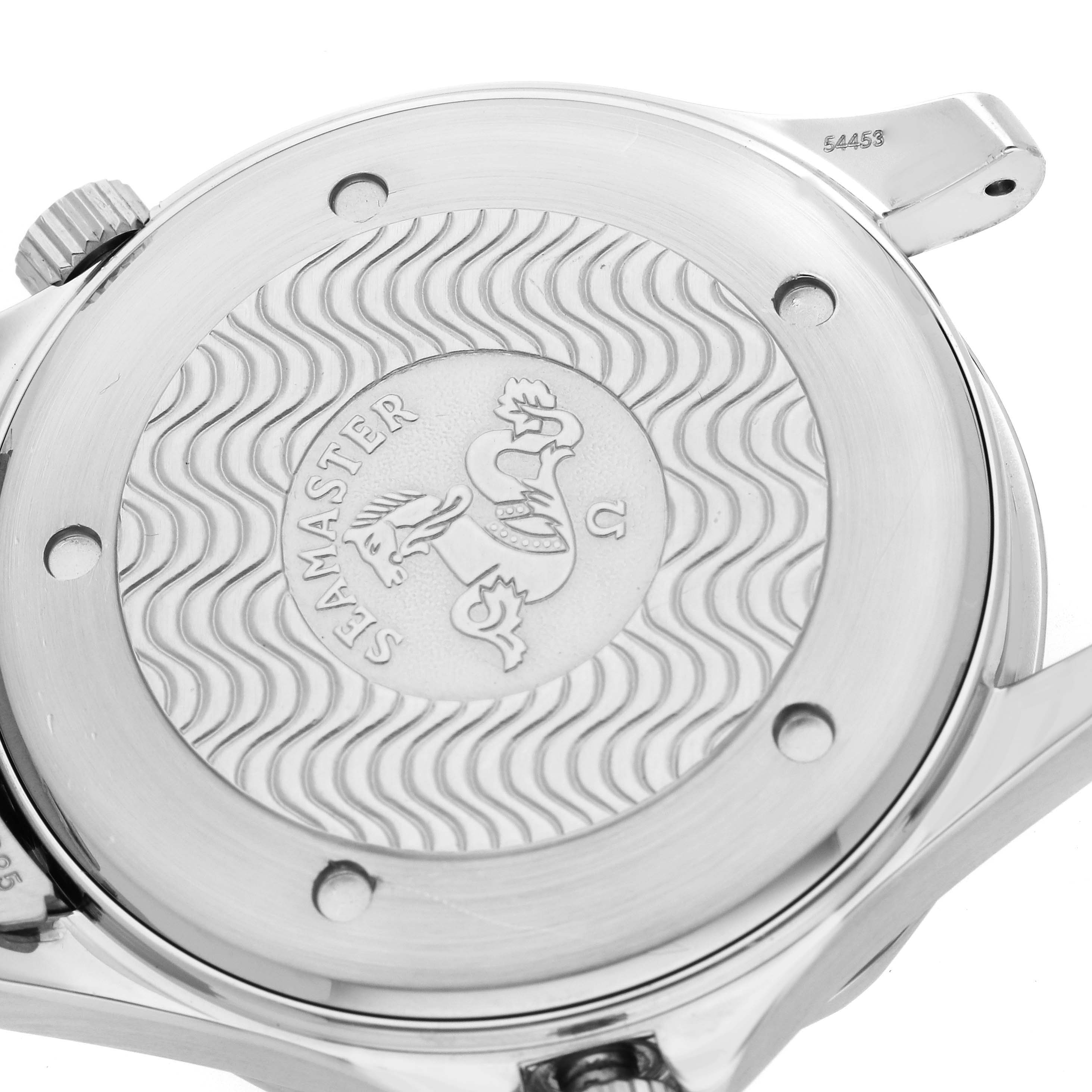 The image shows the back case of an Omega Seamaster 2541.80.00 Men's Stainless Steel Blue Dial 2541.80.00 Men's Stainless Steel Blue Dial watch from a close-up angle.