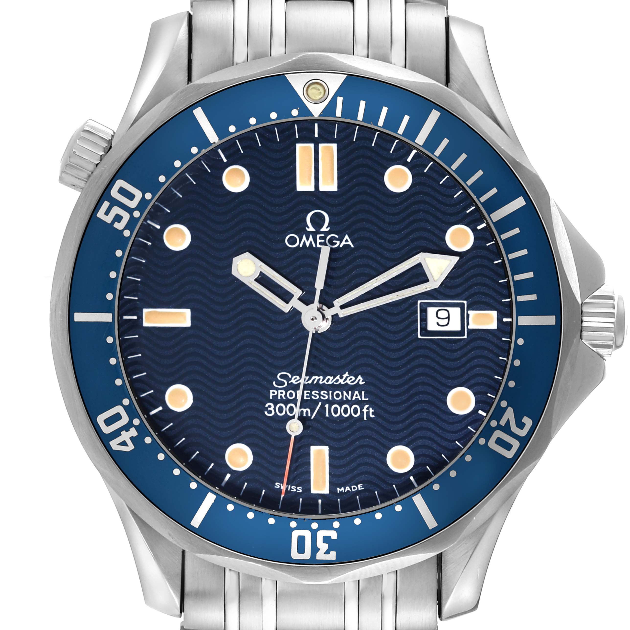This image shows a full frontal view of the Omega Seamaster 2541.80.00 Men's Stainless Steel Blue Dial 2541.80.00 Men's Stainless Steel Blue Dial watch face, featuring its dial, bezel, hands, and bracelet.