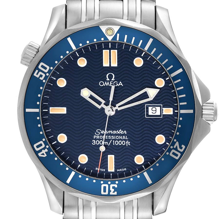 This image shows a full frontal view of the Omega Seamaster 2541.80.00 Men's Stainless Steel Blue Dial 2541.80.00 Men's Stainless Steel Blue Dial watch face, featuring its dial, bezel, hands, and bracelet.
