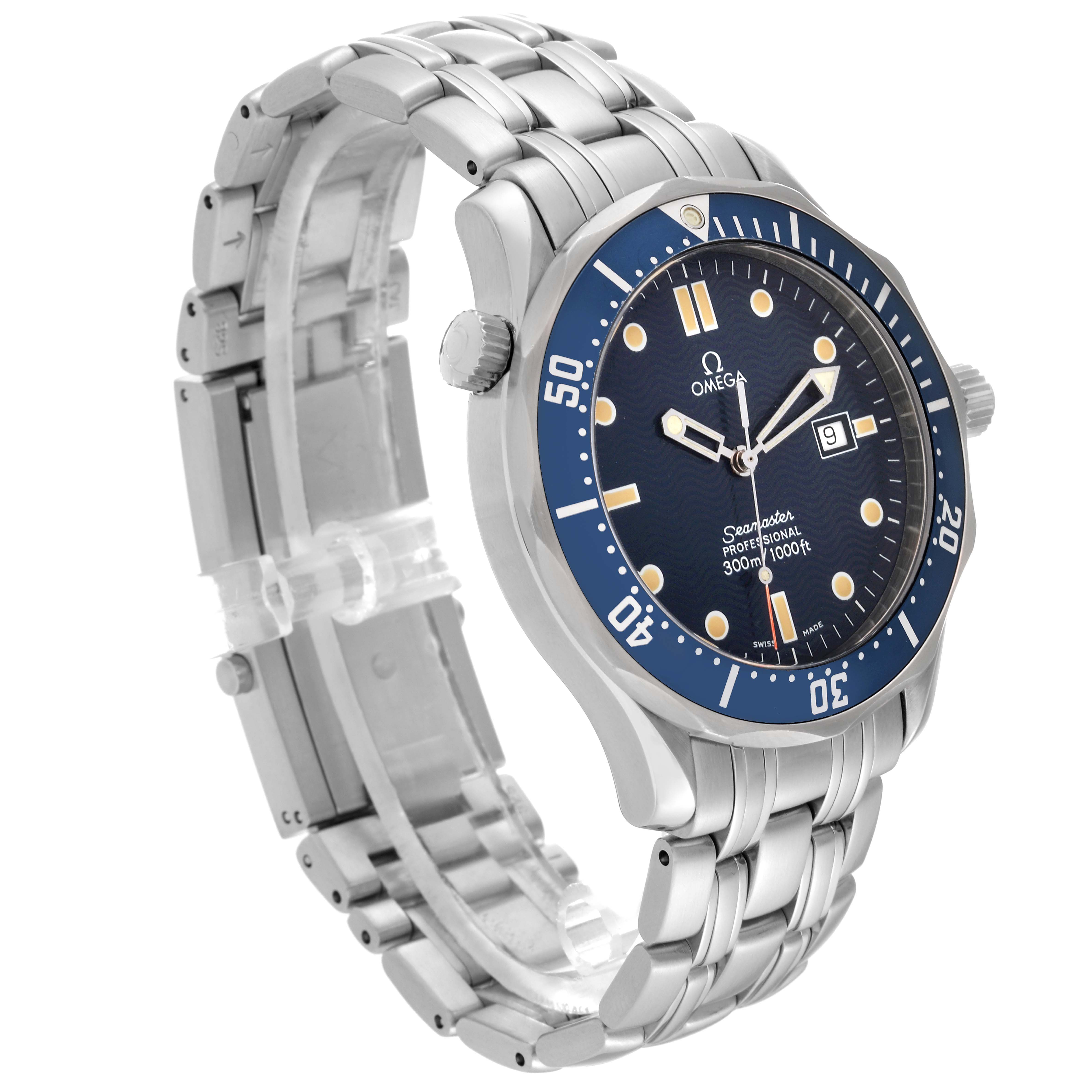 The Omega Seamaster 2541.80.00 Men's Stainless Steel Blue Dial 2541.80.00 Men's Stainless Steel Blue Dial watch is shown at a three-quarter angle, highlighting the bezel, dial, crown, and metal bracelet.