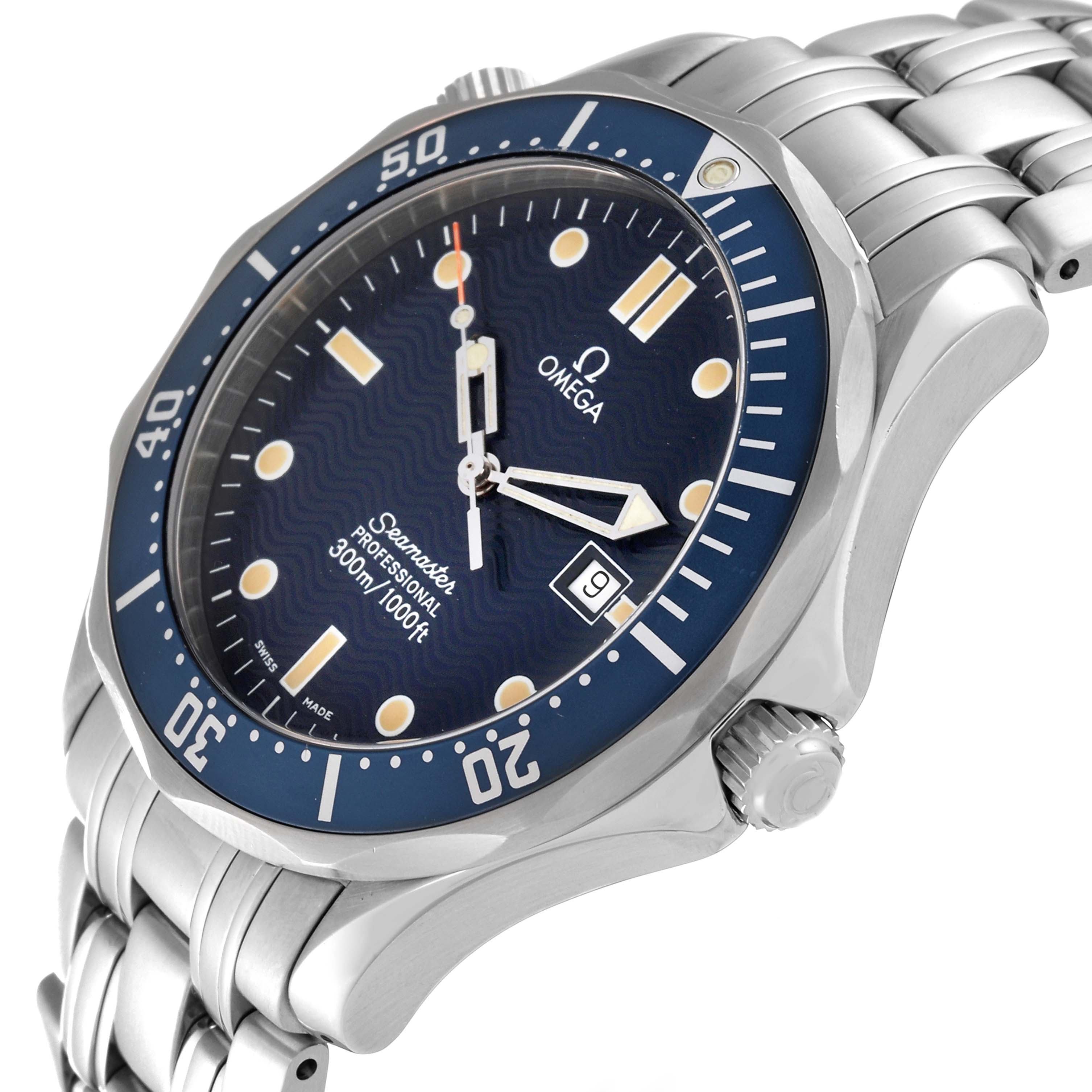The Omega Seamaster 2541.80.00 Men's Stainless Steel Blue Dial 2541.80.00 Men's Stainless Steel Blue Dial model is shown at a slight diagonal angle, highlighting its face, bezel, and metal bracelet.