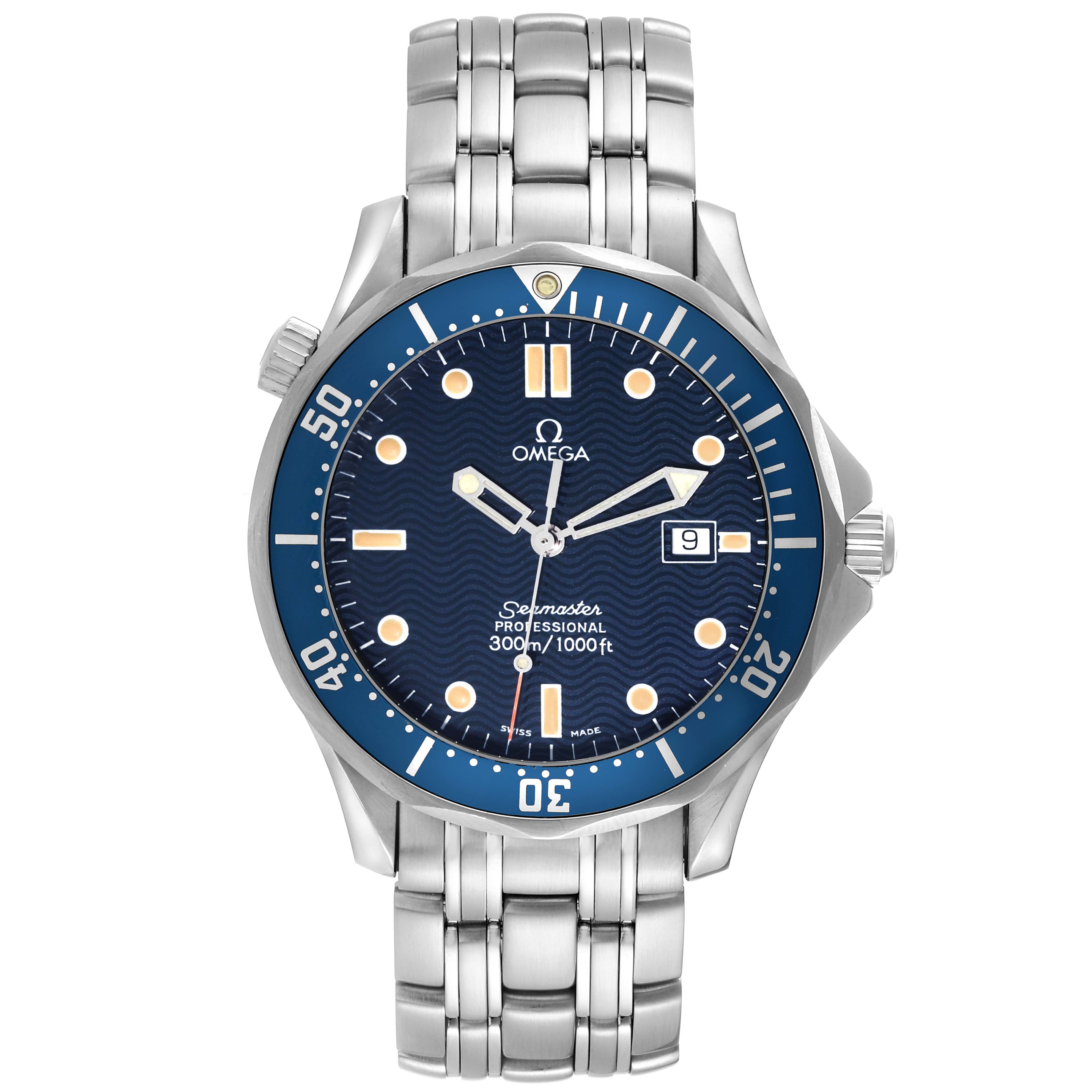 The image shows a front view of an Omega Seamaster 2541.80.00 Men's Stainless Steel Blue Dial 2541.80.00 Men's Stainless Steel Blue Dial watch with a stainless steel strap and blue dial.