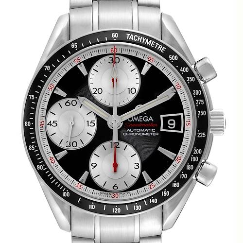 The Omega Speedmaster model 3210.51.00 is shown from a front angle, displaying the dial, tachymetre bezel, chronograph subdials, and bracelet.