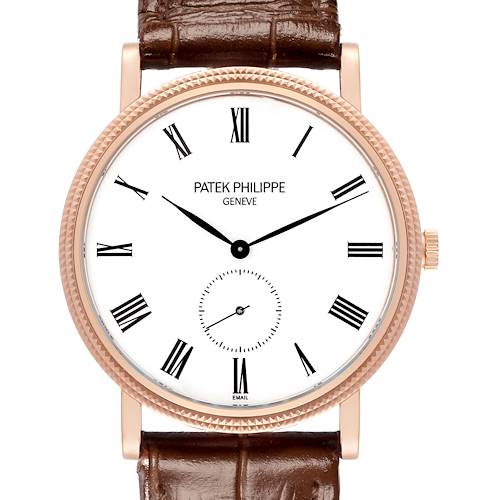 The Patek Philippe Calatrava model 5116R watch is shown from the front, highlighting its Roman numeral dial, brown leather strap, and rose gold case.