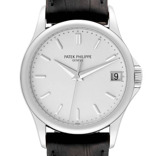 This image shows a front view of the Patek Philippe Calatrava 5127G-001 Men's White Gold Silver Dial 5127G-001 Men's White Gold Silver Dial watch, displaying its dial, case, and leather strap.