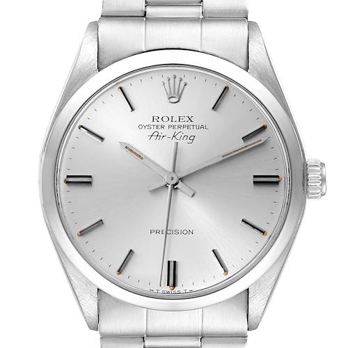 This image shows a frontal view of a Rolex Vintage Collection 5500 Men's Stainless Steel Silver Dial 5500 Men's Stainless Steel Silver Dial model watch, showcasing its dial, hour markers, and stainless steel bracelet.