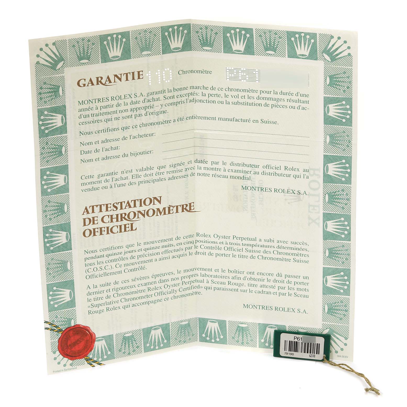 The image shows the guarantee and chronometer certification paperwork for a Rolex Date 79190 Women's Stainless Steel White Dial 79190 Women's Stainless Steel White Dial model watch.