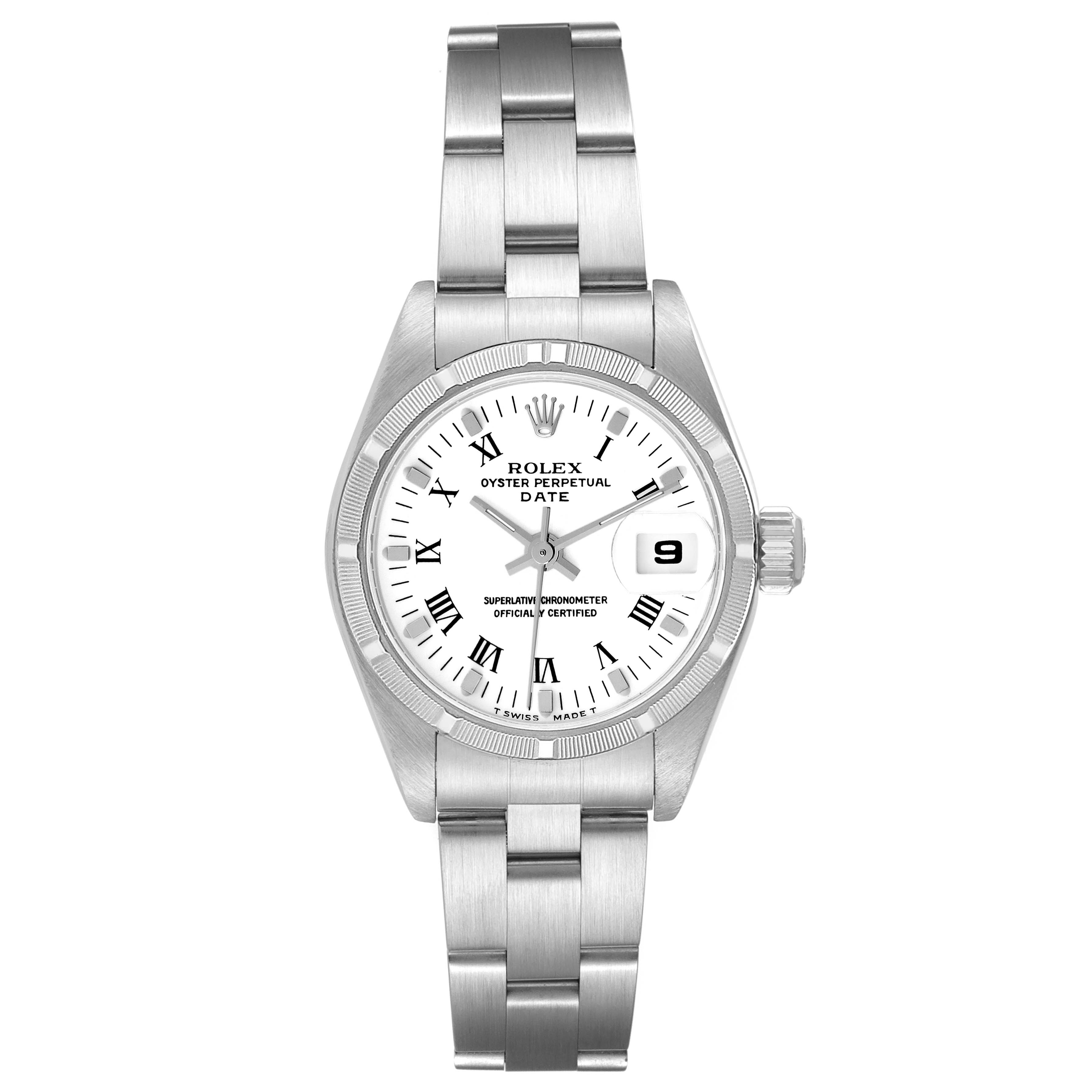 This image shows a front view of a Rolex Date 79190 Women's Stainless Steel White Dial 79190 Women's Stainless Steel White Dial model watch, displaying the dial, bezel, and stainless steel bracelet.