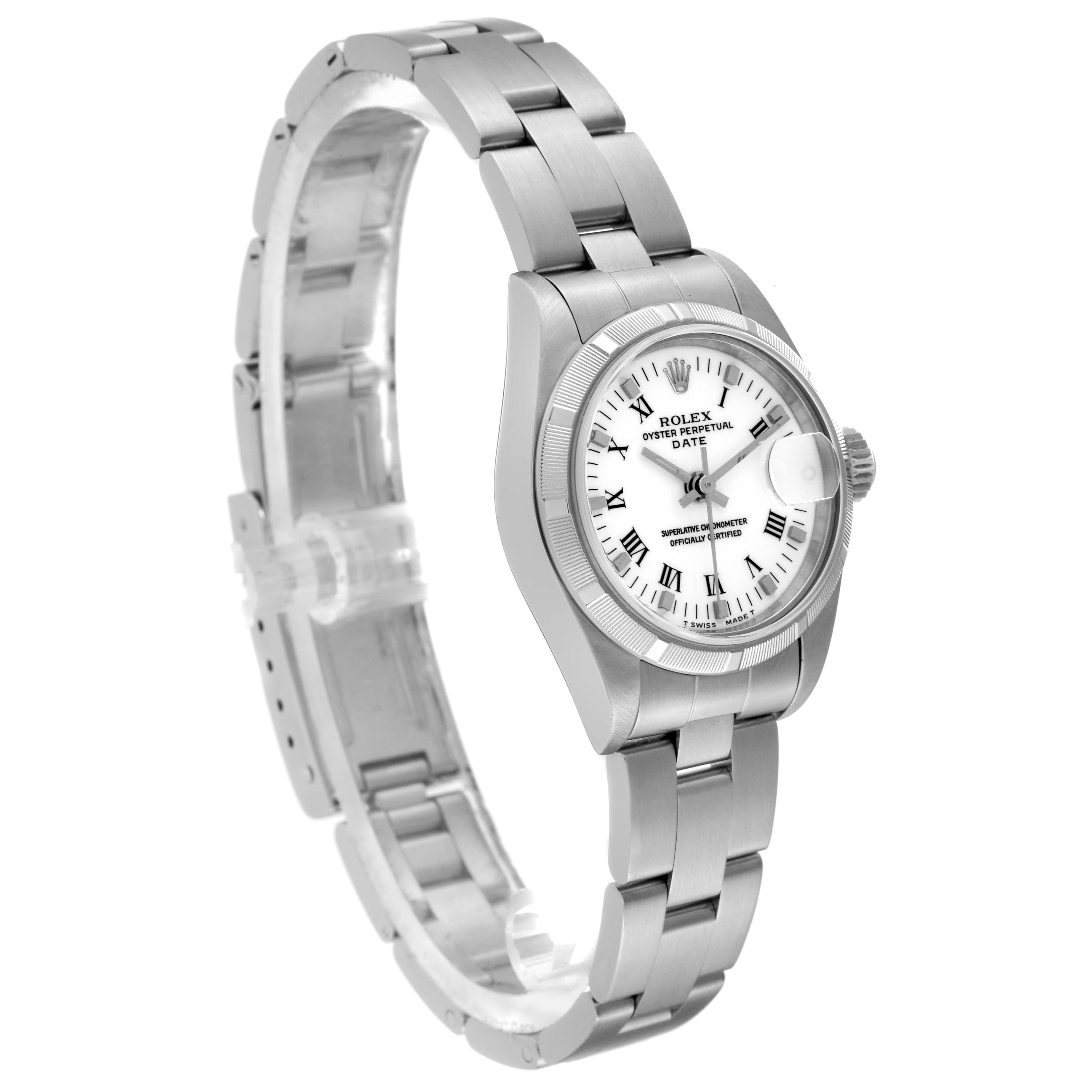 The Rolex Date 79190 Women's Stainless Steel White Dial 79190 Women's Stainless Steel White Dial watch is shown at a three-quarter angle, capturing the dial, bezel, case, and bracelet in detail.