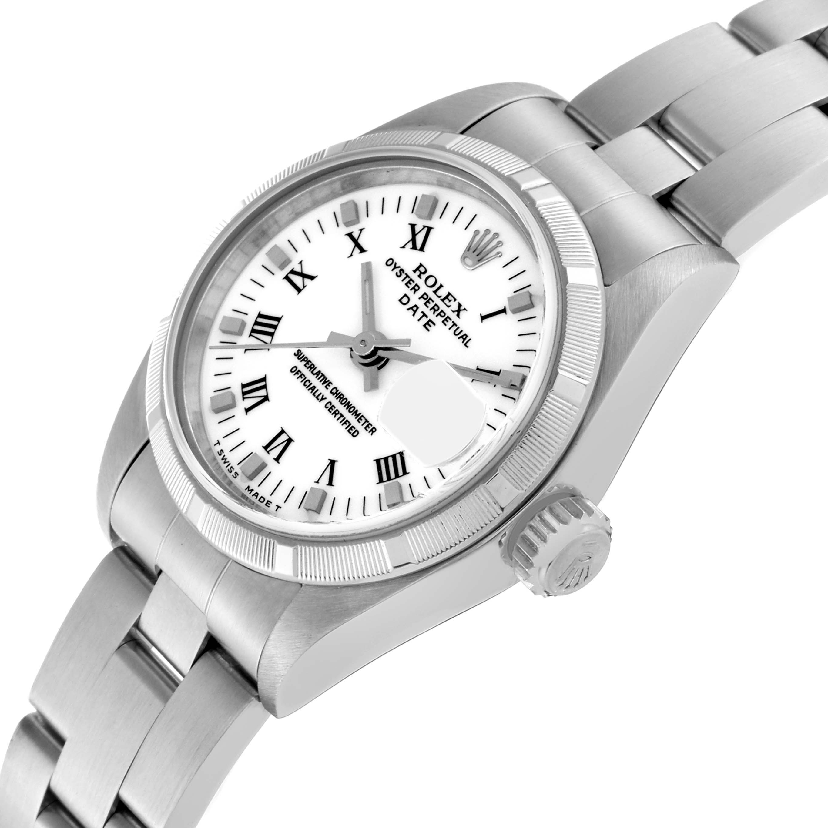 The image displays a Rolex Date 79190 Women's Stainless Steel White Dial 79190 Women's Stainless Steel White Dial model watch at an oblique angle, showing the dial, bezel, and part of the bracelet.