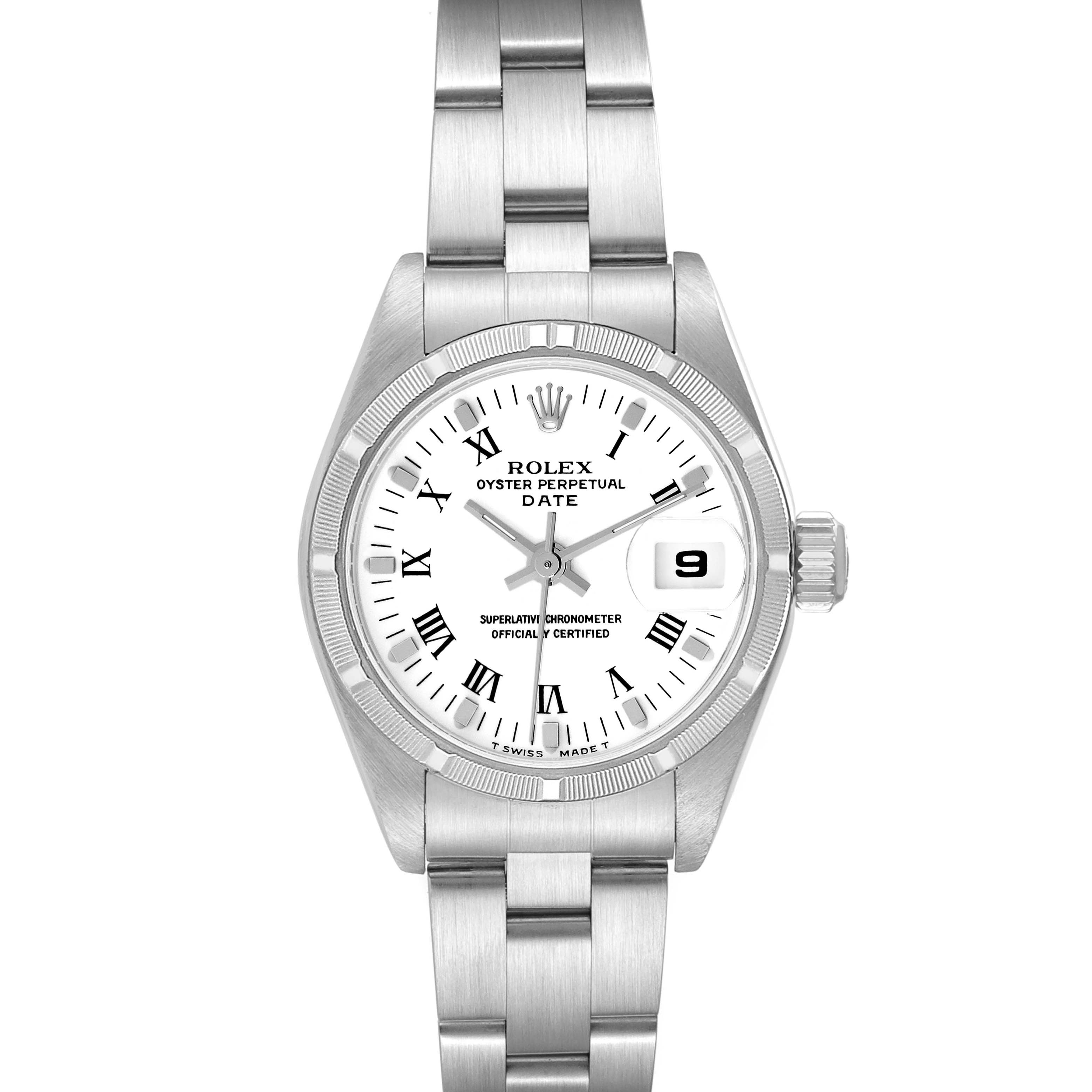 The image shows a front view of a Rolex Oyster Perpetual Date watch, featuring its dial, bracelet, and date window at 3 o'clock.