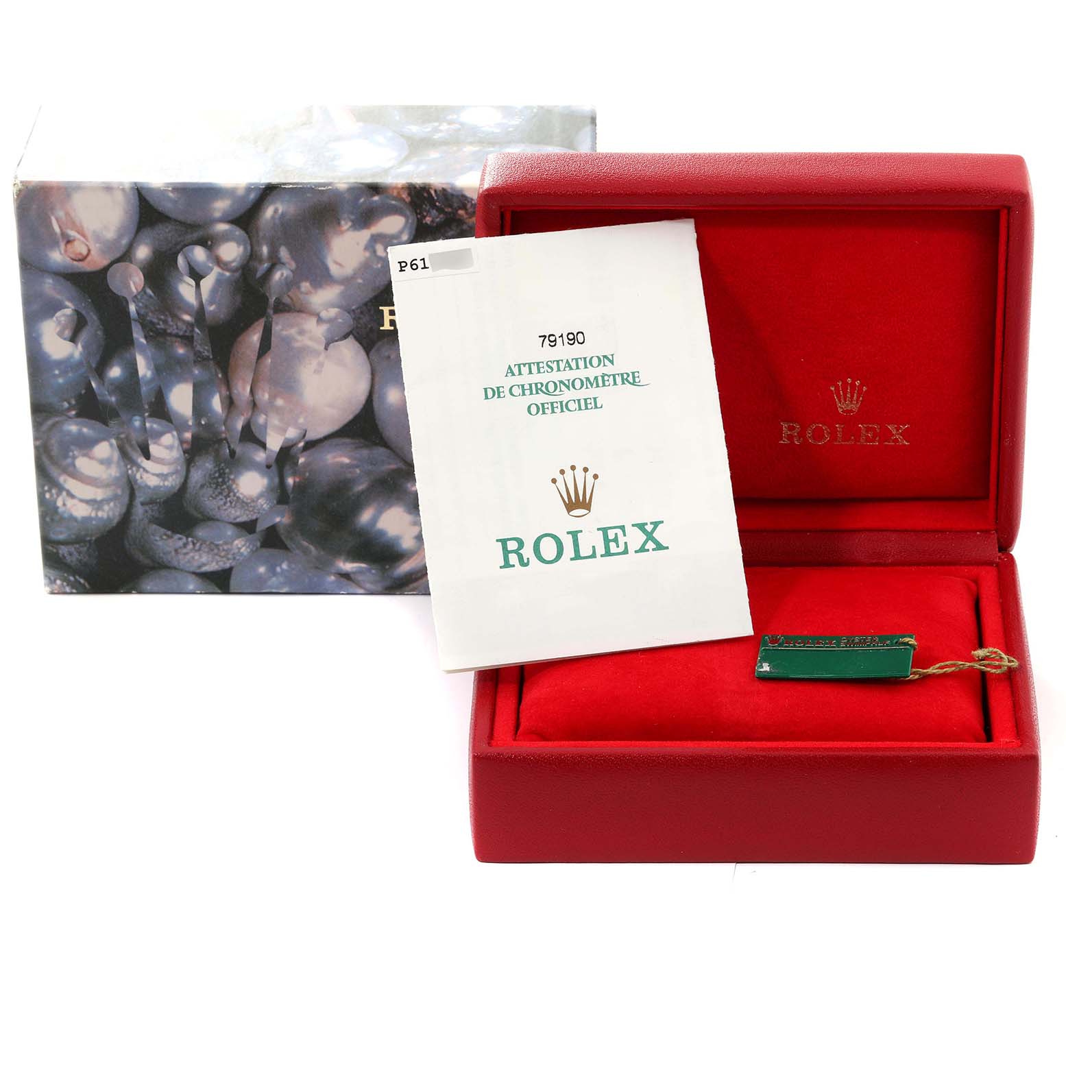 The image shows the packaging, box, and documentation for a Rolex Date 79190 Women's Stainless Steel White Dial 79190 Women's Stainless Steel White Dial model watch.
