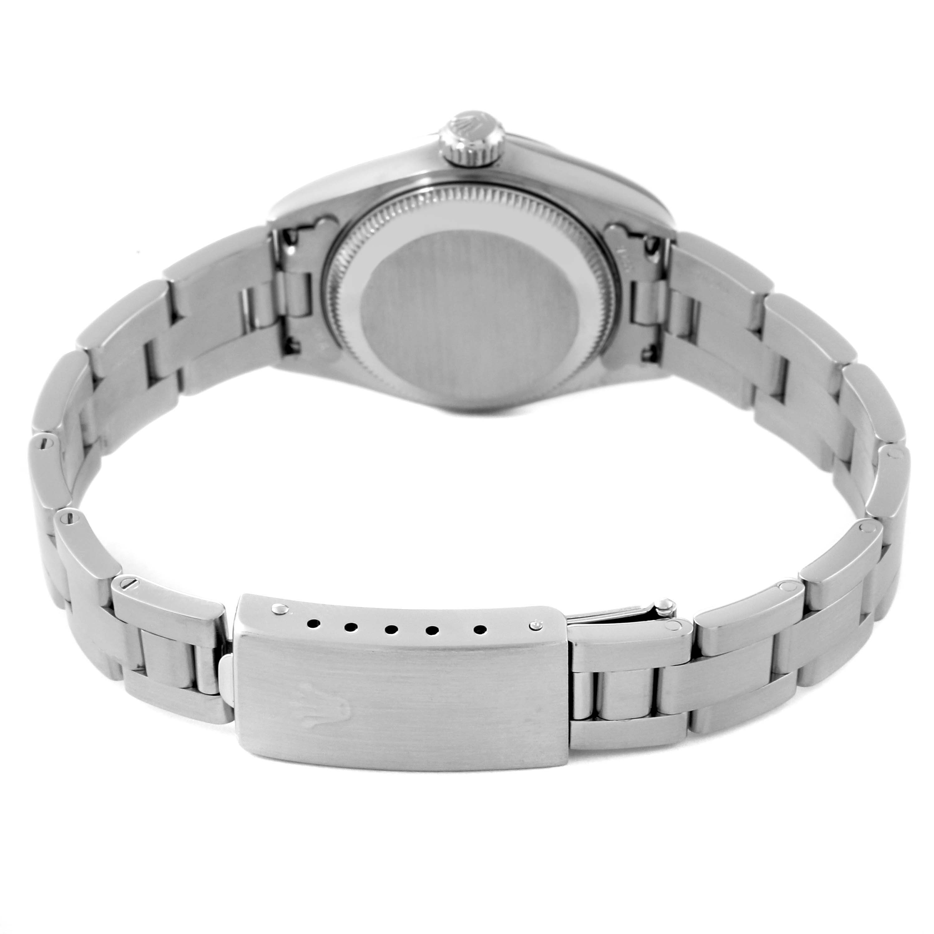 The image shows the back view of a Rolex Date 79190 Women's Stainless Steel White Dial 79190 Women's Stainless Steel White Dial model watch, highlighting its closed case back, bracelet, and clasp.