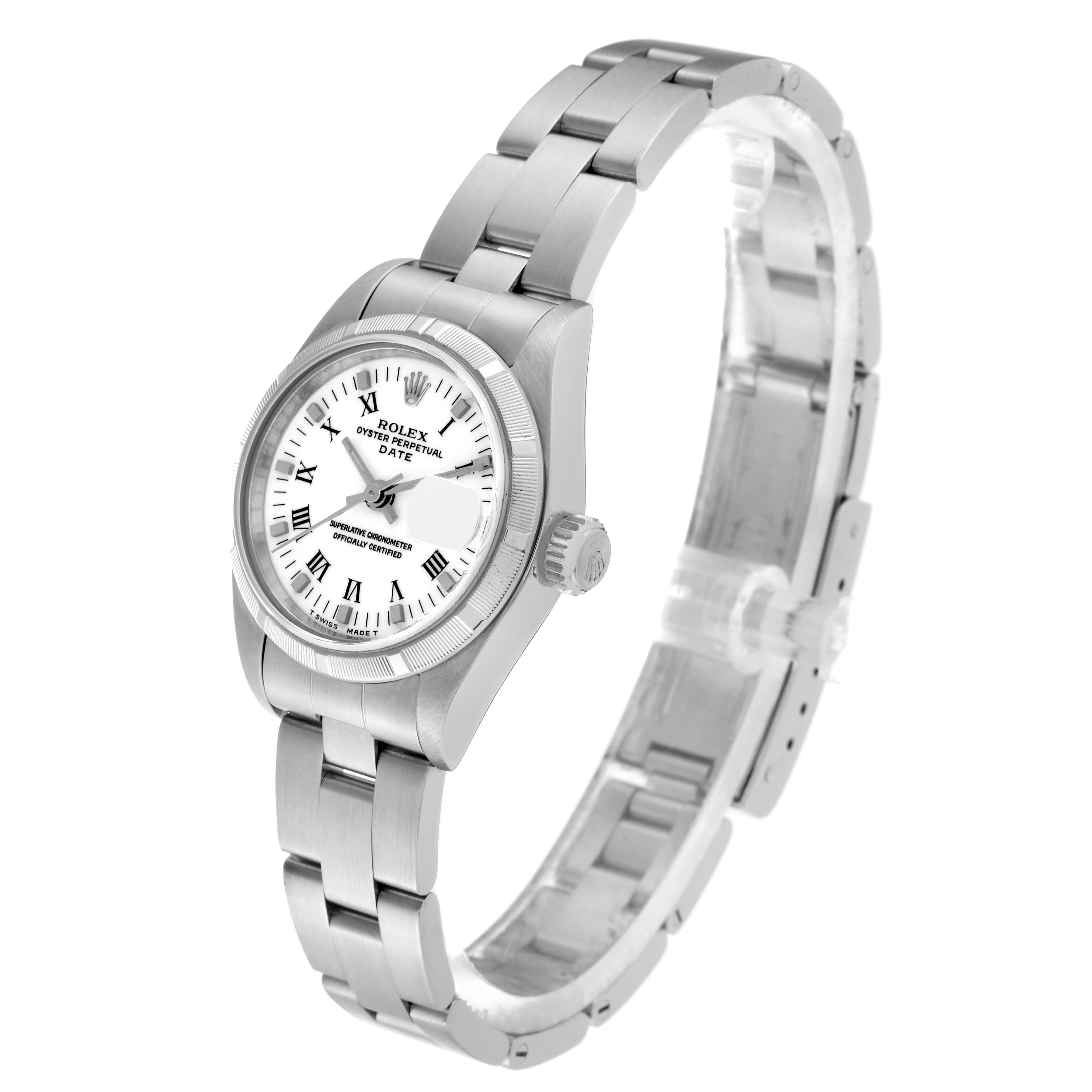 This image shows a Rolex Date 79190 Women's Stainless Steel White Dial 79190 Women's Stainless Steel White Dial model watch at an angle emphasizing the face, crown, and bracelet.